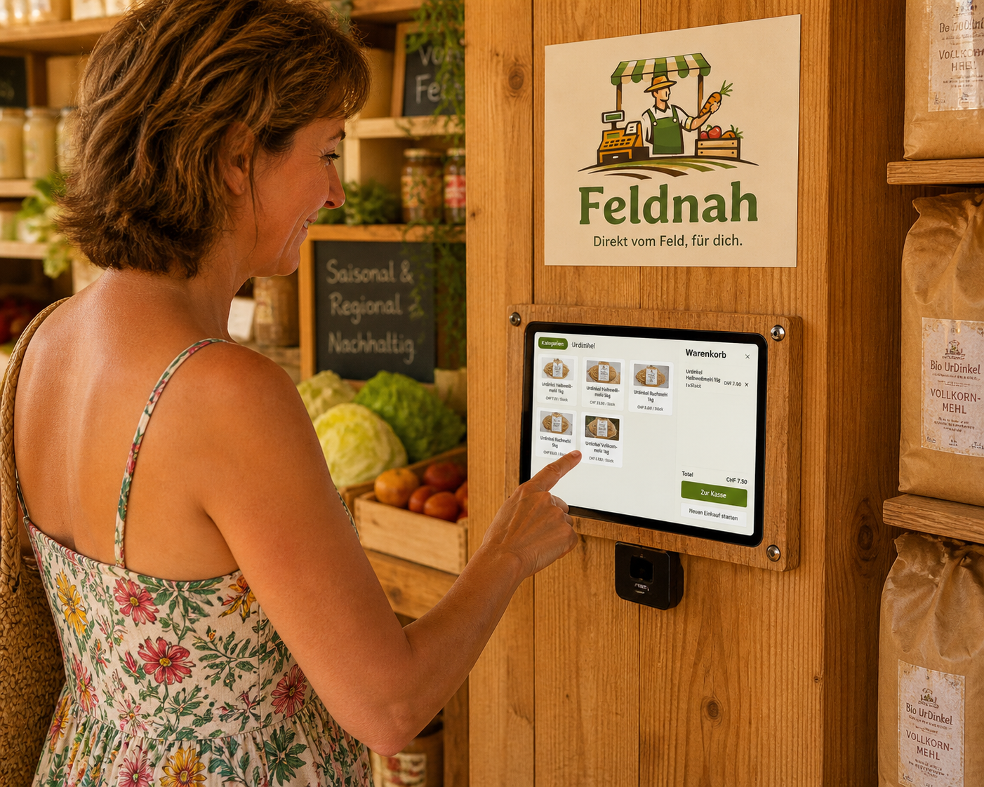 Kundin bedient ein Tablet als Kassensystem im Hofladen
