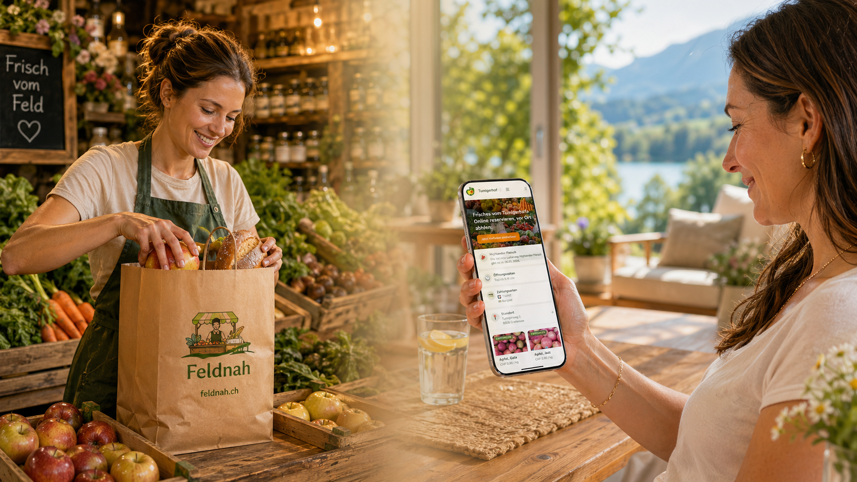Kundin bestellt online auf dem Smartphone, Bäuerin packt die Feldnah-Tüte